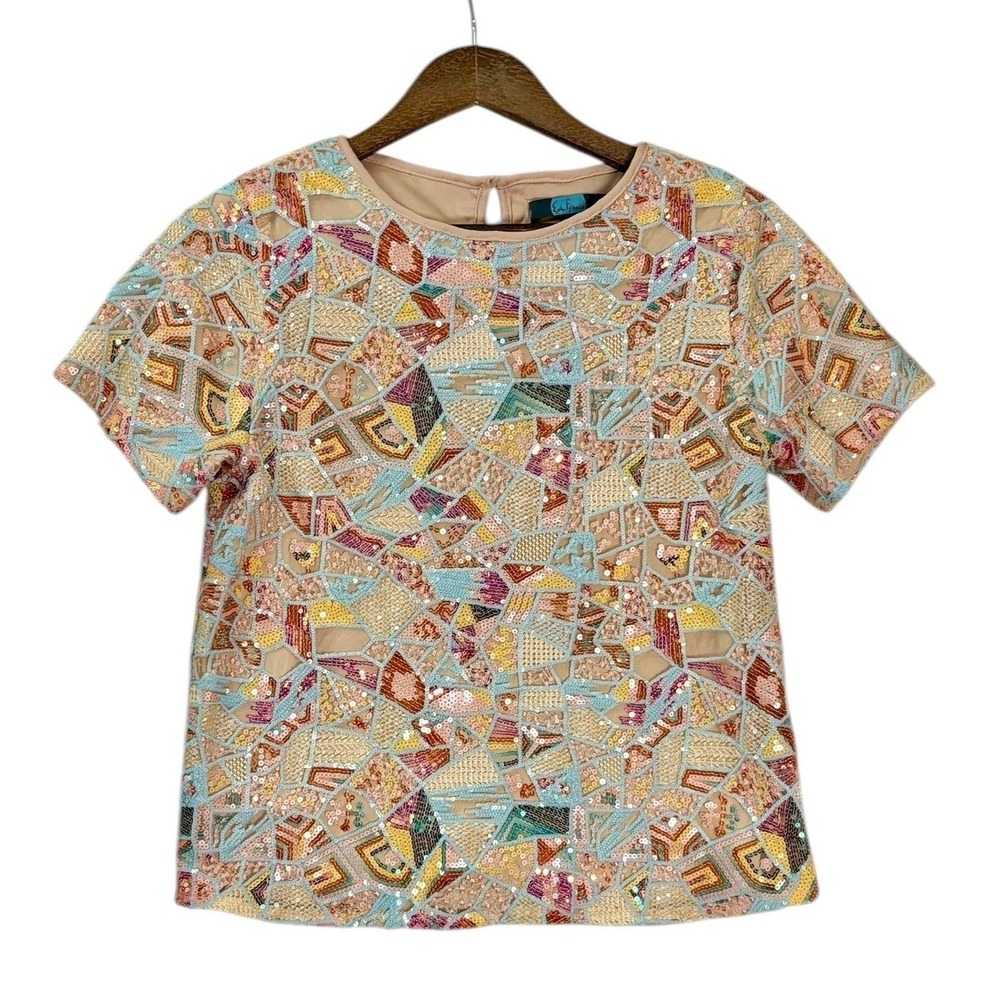Eva Franco Womens Beaded Mosaic Top XS Pastel Sequin Art Deco Statement Glam - Picture 2 of 8